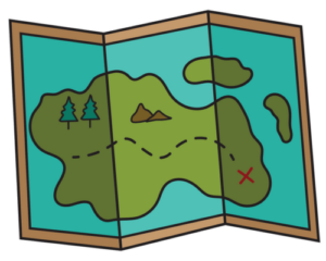Hiking map with trees, mountains, and a trail.